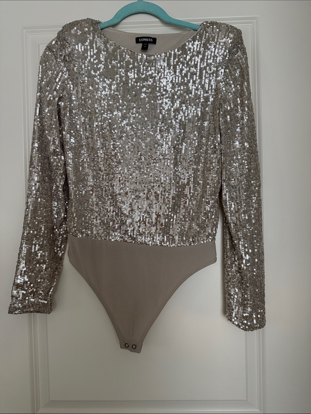 Express Women’s Sequin and Tan Long-Sleeve Bodysuit
